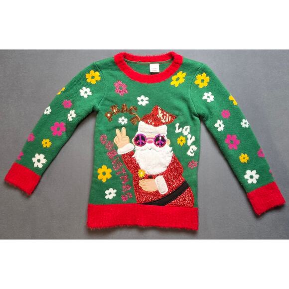 Girls Size 6 Hippie Santa Christmas Sweater Peace Love Flowers Groovy Hipster - Picture 1 of 5